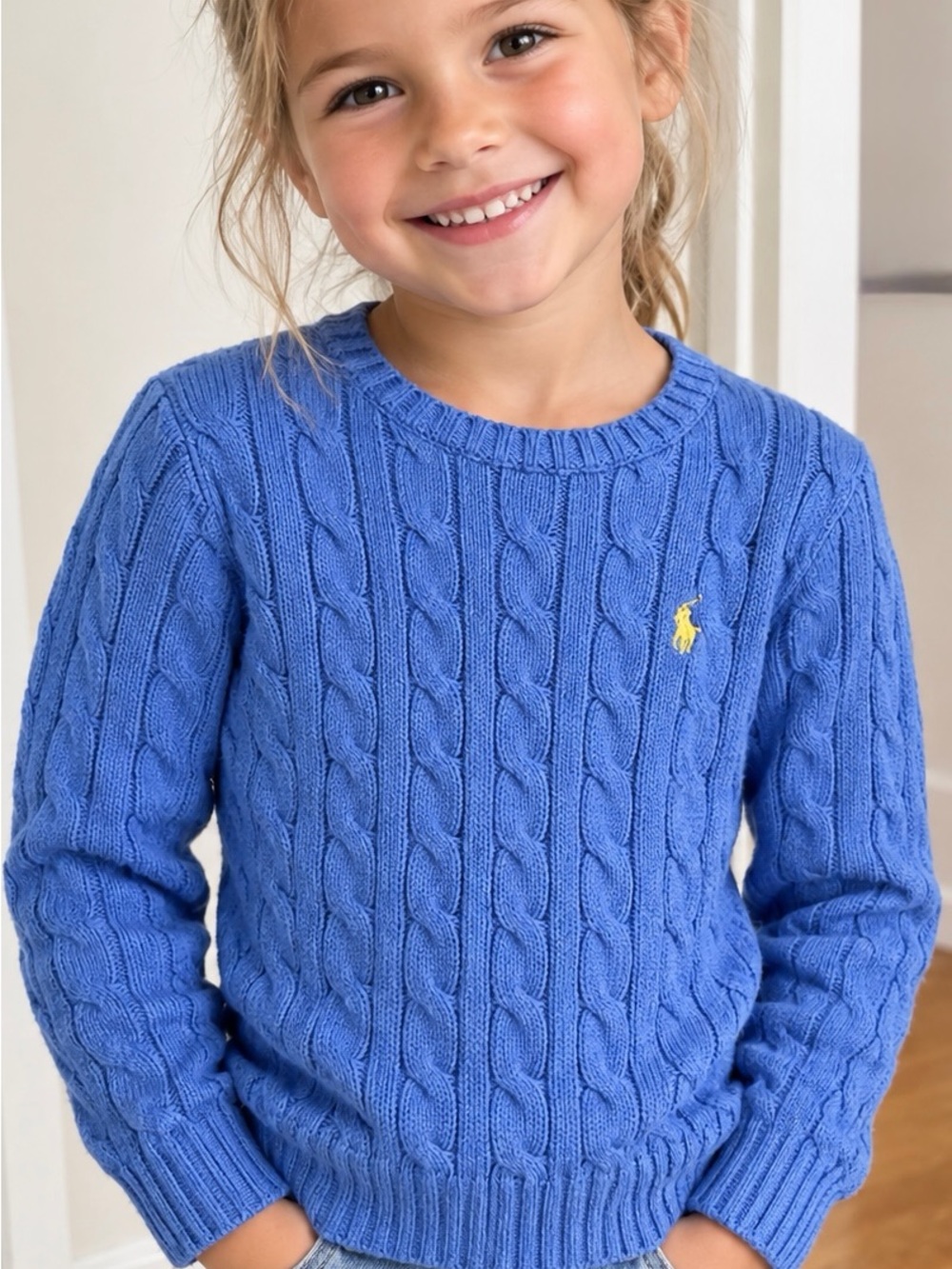 Polo by Ralph Lauren Bright Blue Cable Knit Sweater with Yellow Pony